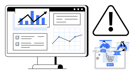 Computer screen displaying graphs, charts, and data analysis. Warning sign and two people shopping online. Ideal for data analysis, business strategy, e-commerce, financial monitoring, online