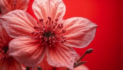 Abstract macro flower with delicate mood showcasing vibrant petals against red background
