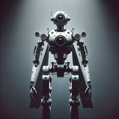 Fototapeta premium futuristic sci-fi, features a humanoid robot with a mechanical, industrial design. It has a metallic body and a central glowing eye, features a dark, coat-like element draped from its shoulders.