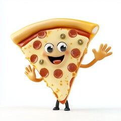 A lively 3D cartoon pizza slice waving happily.