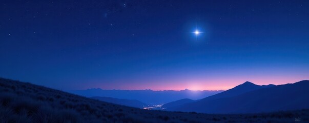 Deep indigo sky, single brilliant star, peaceful landscape, texture, galaxy