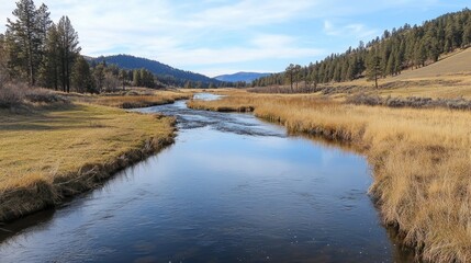 Gentle River Flowing Through Serene Meadow with Soft Reflections of Blue Sky and Lush Green Hills in a Tranquil Natural Landscape