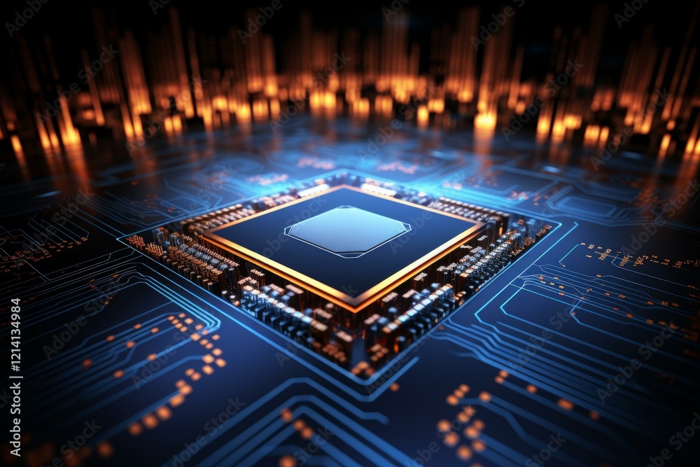 Poster modern central processing unit performing complex calculations on a circuit board with a futuristic 