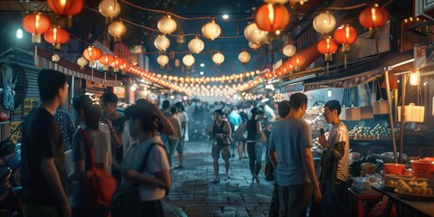 Naklejka premium Night Market in Asia with Red Lanterns
