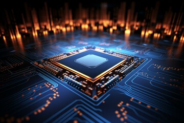 Modern central processing unit performing complex calculations on a circuit board with a futuristic city in the background