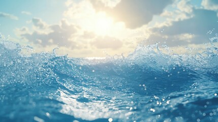 Obraz premium Dreamy Seascape with Crashing Waves Under Sunlight Creating a Sparkling Scene of Nature's Beauty at the Beach Shore with Soft Clouds in the Sky