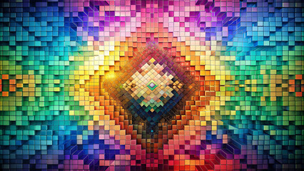 A vibrant artwork features 3D cubes in an array of colors, arranged in a diamond pattern. The geometric design captivates with its mesmerizing blend of hues and symmetry
