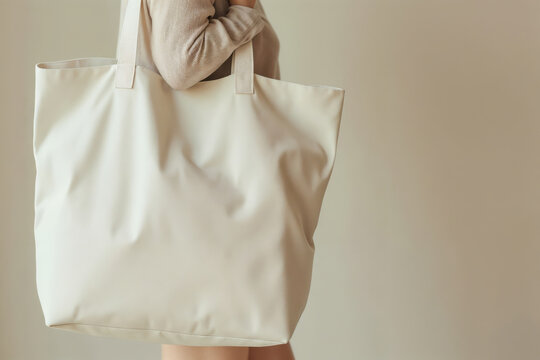 An extra large minimalist eco tote bag mockup made of canvas fabric in a light, neutral-colored background, hanging on a woman's shoulder. Blank template. Copy space