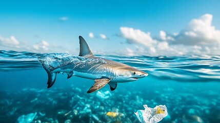 Obraz premium Shark Swimming Near Ocean Pollution