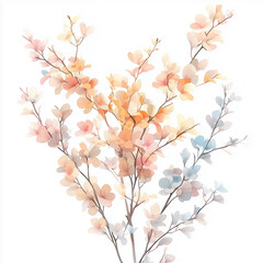 Fototapeta premium Delicate Branches with Softly Colored Abstract Blossoms on White Background