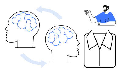 Two human heads with brain outlines connected by bi-directional arrows, a pointing person, and a shirt icon. Ideal for teamwork, collaboration, knowledge sharing, communication, leadership