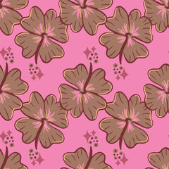 Hibiscus flower in Mocha Mousse color of the year 2025 seamless pattern on a pink background