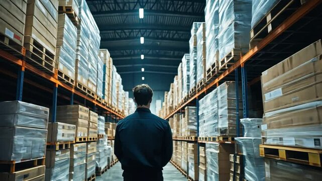 A man warehouse planner employs warehousing solutions, ensuring products move quickly from shelves to shipments
