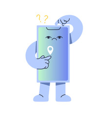 Puzzled smartphone character looks for location point on digital map. Thoughtful mobile phone navigates with GPS. Telephone mascot searches for destination. Flat isolated vector illustration on white