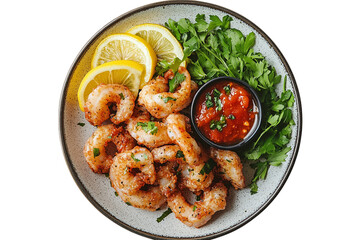 Spicy Shrimp with Lemon and Parsley on a Plate isolated on a transparent background