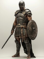 Powerful Ancient Warrior in Dark Armor Holding Sword and Shield