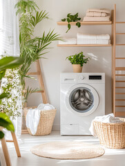 Modern White Laundry Interior with High-Tech Washing Machine and Green Plants