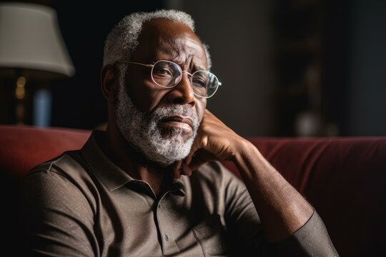 Thoughtful senior black man with white beard and glasses resting chin on hand, contemplating on sofa in dimly lit living room - Powered by Adobe