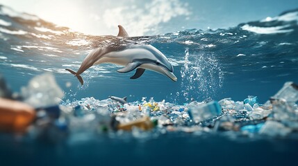 Dolphin Swimming Through Polluted Ocean Environment