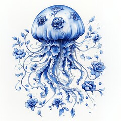 Elegant Blue Floral Jellyfish with Intricate Porcelain Patterns in the Toile De Jouy style
