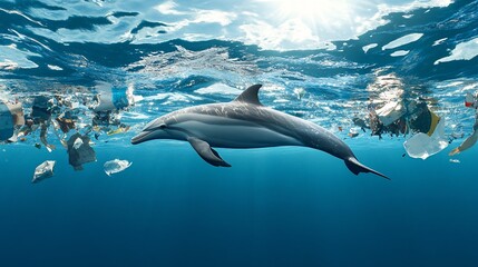 Obraz premium Dolphin Encounter in Polluted Ocean Environment
