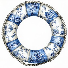 Artistic Floral Life Preserver Ring with Blue Flowers and Solid Blue Sections in the Toile De Jouy style