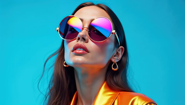 Retro Chic Sunglasses: A stylish woman with long brown hair models oversized round sunglasses with a vibrant, multicolored reflection, against a bold blue backdrop.