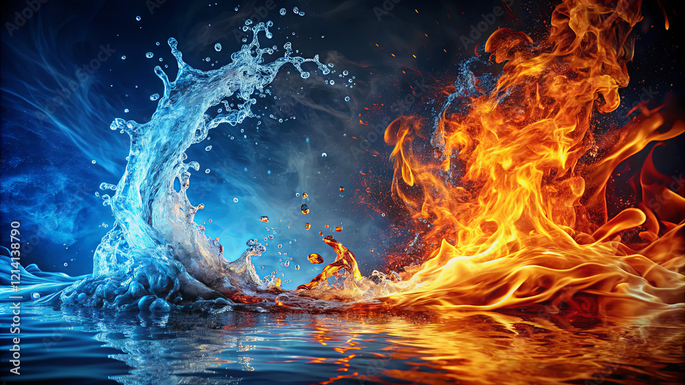 Poster swirling flames and crashing waves intertwine in an intense display of elemental forces, creating a 