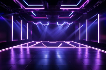 Empty futuristic stage illuminated by blue and purple neon lights