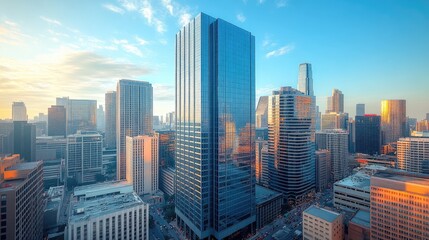 Fototapeta premium Cityscape sunrise aerial view, downtown buildings, traffic