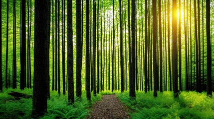 Sunlit Forest Pathway Surrounded by Tall Trees and Lush Greenery, Radiating Serenity.