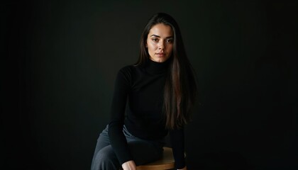 Serene Gaze: A woman with long dark hair, wearing a black turtleneck and grey skirt, sits poised against a dark background, her gaze captivating and intense.