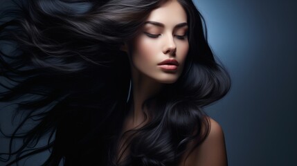 Beautiful woman with flowing long hair poses gracefully against a dark background in a professional studio setting