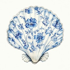 Intricate Blue Floral Scallop Shell with Porcelain-Inspired Patterns in the Toile De Jouy style