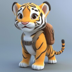 A silly 3D cartoon tiger cub with a tiny backpack.