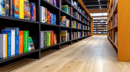 Fototapeta premium Modern Bookstore Interior with Colorful Shelves and Wooden Floor