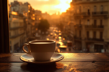 Obraz premium A cup of coffee or tea on a bustling cityscape outdoors.