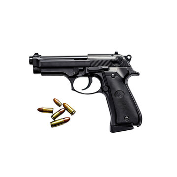 Black Pistol with Ammunition: A detailed close-up shot of a black semi-automatic pistol and several bullets arranged against a clean backdrop.