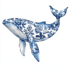Intricate Blue Floral Whale with Porcelain-Inspired Patterns in the Toile De Jouy style