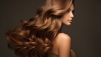 Naklejka premium Portrait of a woman with long, flowing brown hair styled elegantly in soft waves against a dark backdrop