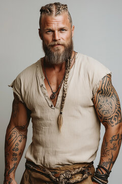Muscular viking man displaying strength and confidence in a traditional setting with intricate tattoos and a braided beard