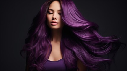 Fototapeta premium Woman with flowing purple hair showcases beauty in a dramatic studio setting during a fashion shoot
