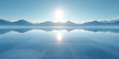Serene sunrise over calm lake reflecting mountains.