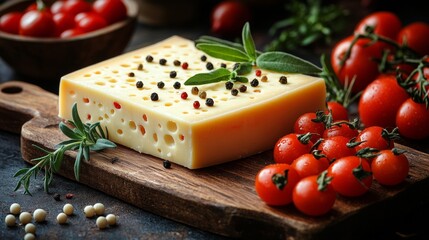 Cheese and tomatoes with herbs on a rustic board