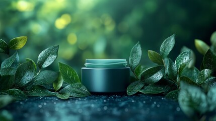 Natural skincare jar surrounded by green leaves outdoors