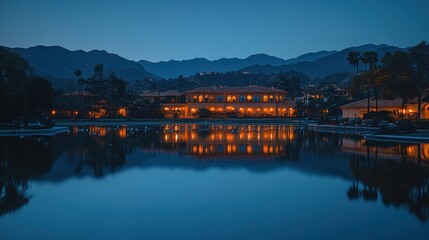Obraz premium Illuminated buildings reflect on calm water at dusk with mountains in the background