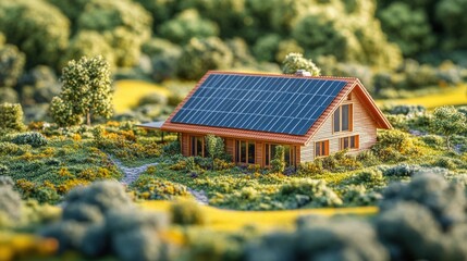 Solar Panel House Surrounded by Lush Greenery and Colorful Landscape
