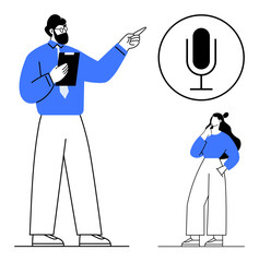 Man holding clipboard instructs a thinking woman. Ideal for education, public speaking, training, mentorship, communication, leadership, advice. Abstract line flat metaphor