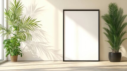 Minimalist Interior with Empty Frame and Lush Green Plants