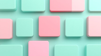 Colorful geometric shapes of pastel pink and mint green arranged on a smooth surface for modern design concepts